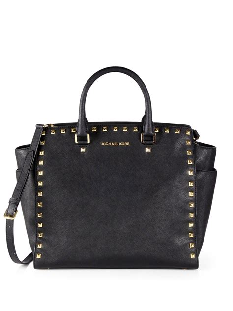 michael kors chelsea tote black|Michael Kors black studded handbag.